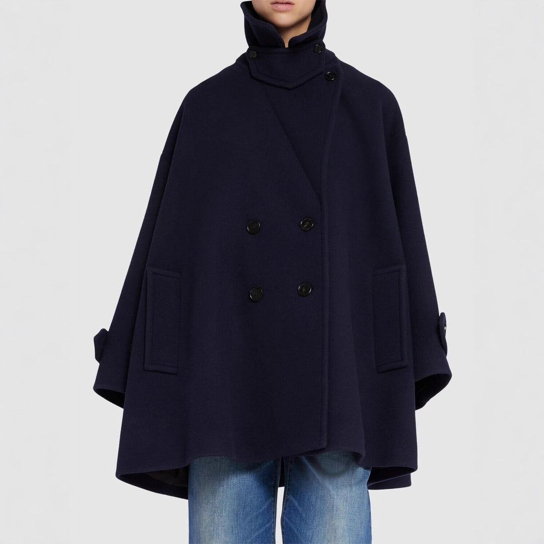 Women's Oversized Cape Coat with Double-Breasted Closure and Wide Lapels Mune Fashion