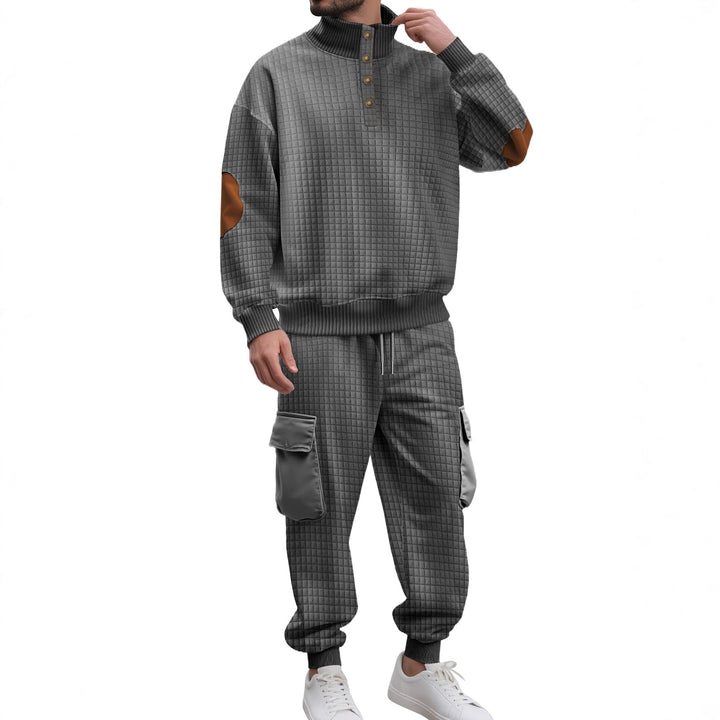 Men's check relief sweat set with stand collar button placket, velour elbow patches and cargo jogger Mune Fashion