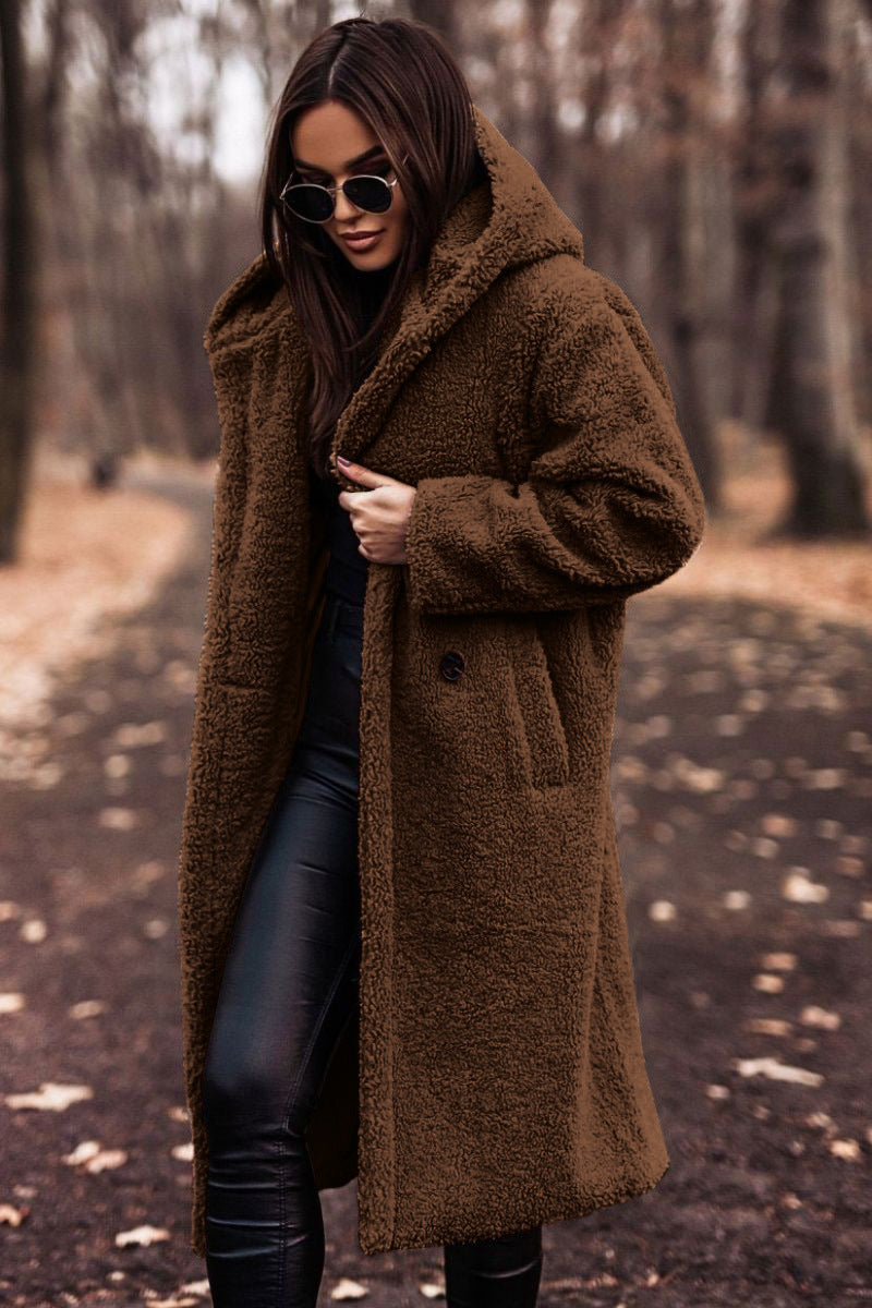 Women oversized teddy coat with hood and button closure Mune Fashion