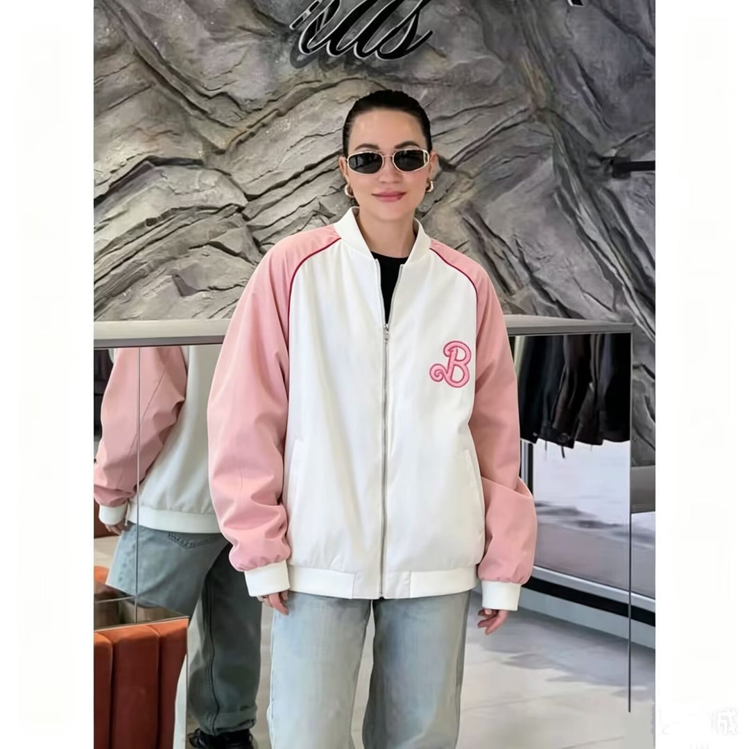 Ladies College Bomber Jacket with Contrast Sleeves and Embroidered Monogram Mune Fashion
