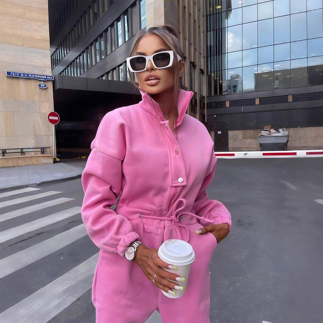Women's fitted velour jumpsuit with drawstring stand-up collar and elastic cuffs Mune Fashion