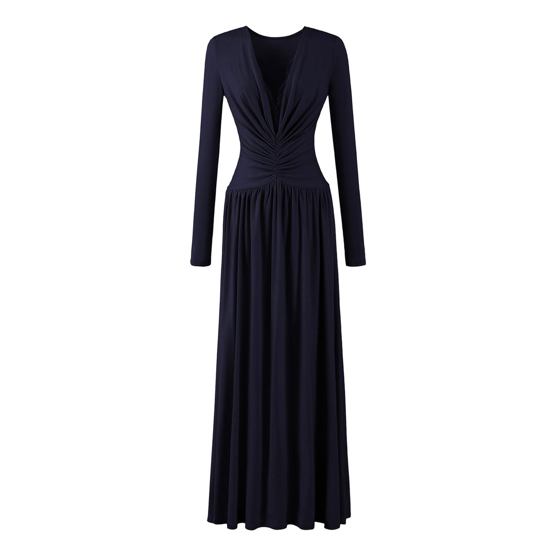 Women Maxi Dress with Ruched Wrap Top, Deep V-Neck and Lace Trim Mune Fashion