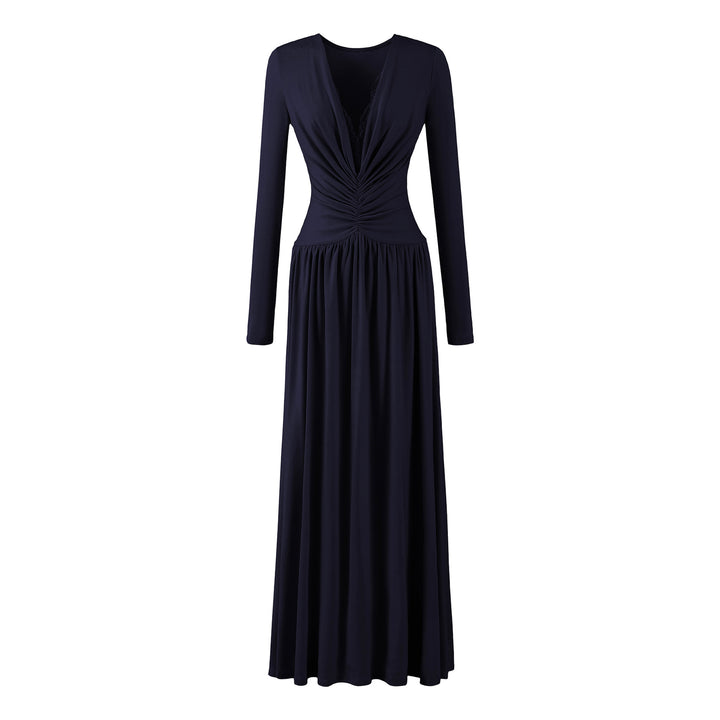 Women Maxi Dress with Ruched Wrap Top, Deep V-Neck and Lace Trim Mune Fashion