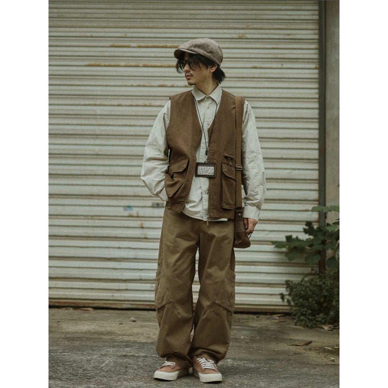 Men's Multifunctional Canvas Utility Vest with Front Pockets and Zipper Mune Fashion
