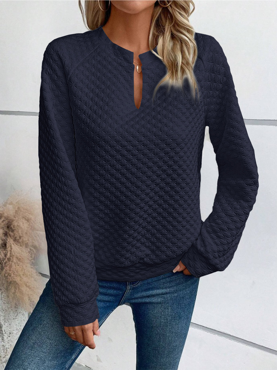 Women Quilted Cozy Sweater with Slit Collar Mune Fashion