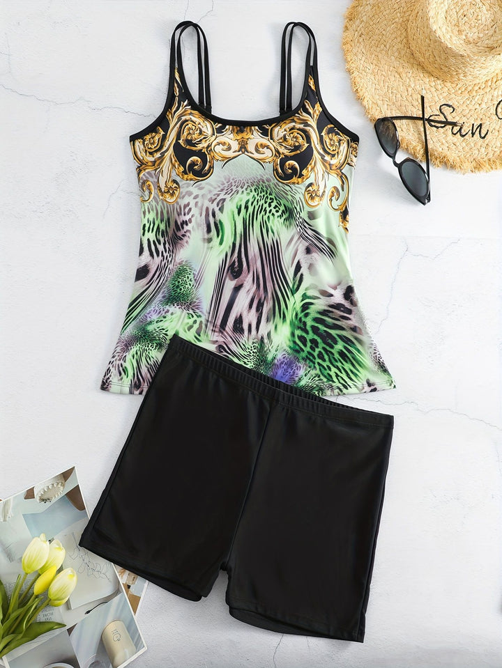 Ladies sporty tankini set with fashionable animal print and boxer shorts Mune Fashion