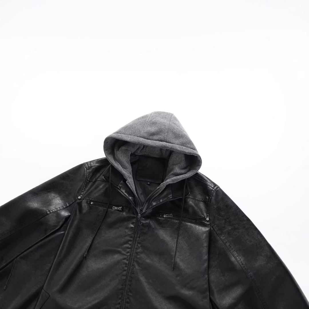 Men's Fashion Faux Leather Jacket with Removable Hood Mune Fashion