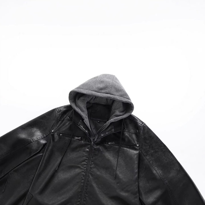 Men's Fashion Faux Leather Jacket with Removable Hood Mune Fashion