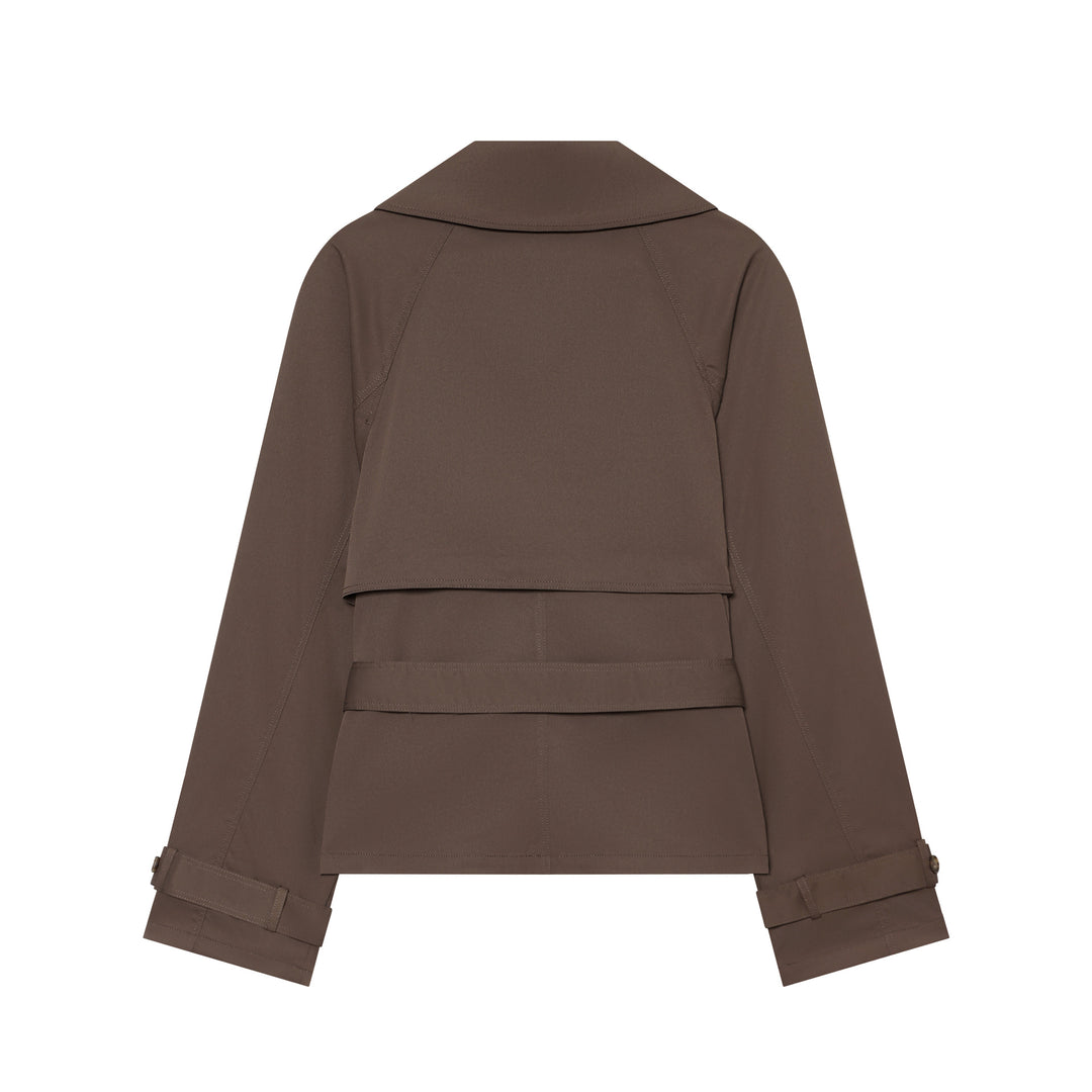 Women’s short tailored trench jacket with belt, double-breasted button placket and wide lapels Mune Fashion