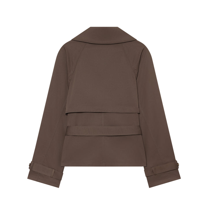 Women’s short tailored trench jacket with belt, double-breasted button placket and wide lapels Mune Fashion