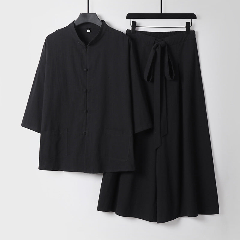 Ladies Two-Piece Lightweight Lounge Set with Stand-up Collar, Short Sleeve Jacket and Wide Palazzo Skirt Mune Fashion