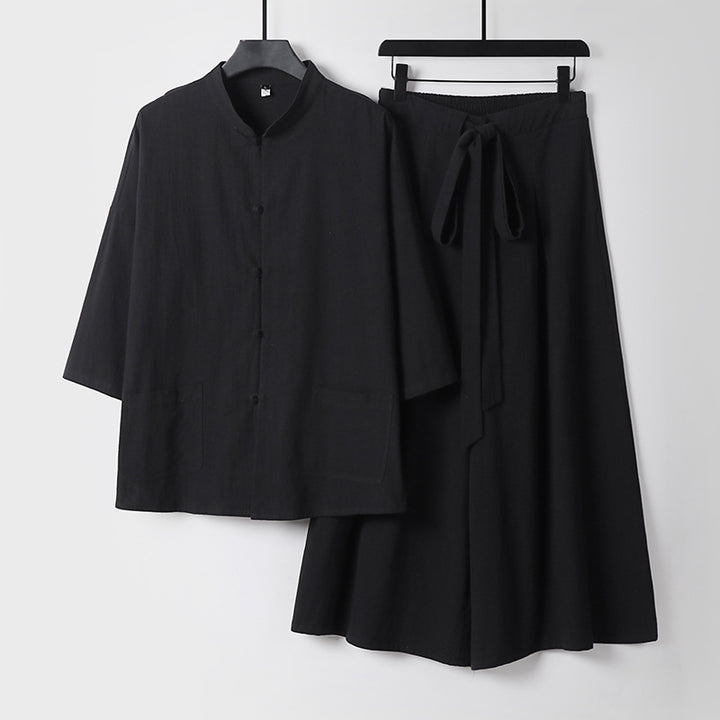 Ladies Two-Piece Lightweight Lounge Set with Stand-up Collar, Short Sleeve Jacket and Wide Palazzo Skirt Mune Fashion