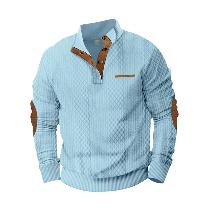 Men's Structured Cable Knit Sweatshirt with Half Button Placket, Faux Leather Patch Pocket & Elbow Patches Mune Fashion