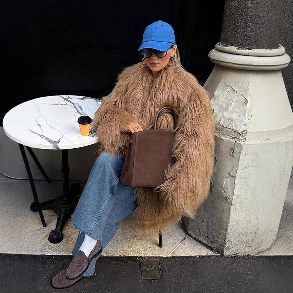 Women's Oversized Shaggy Faux Fur Coat with Long Pile Texture and Concealed Button Placket Mune Fashion