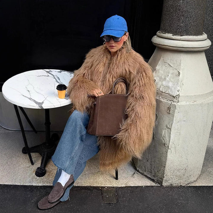Women's Oversized Shaggy Faux Fur Coat with Long Pile Texture and Concealed Button Placket Mune Fashion