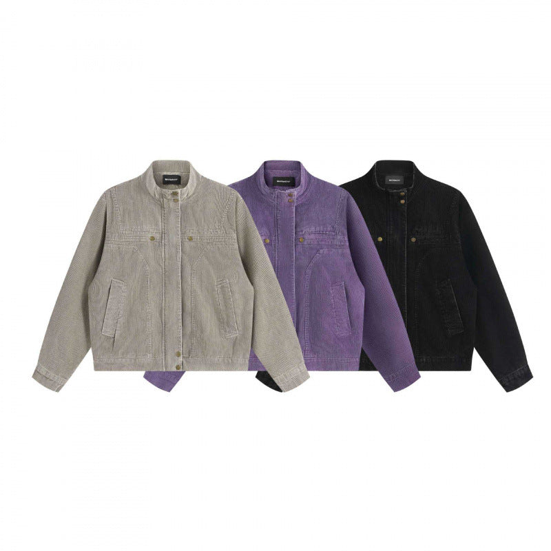 Unisex Cord-Boxy-Jacket with stand-up collar, hidden snap button placket and patch pockets Mune Fashion