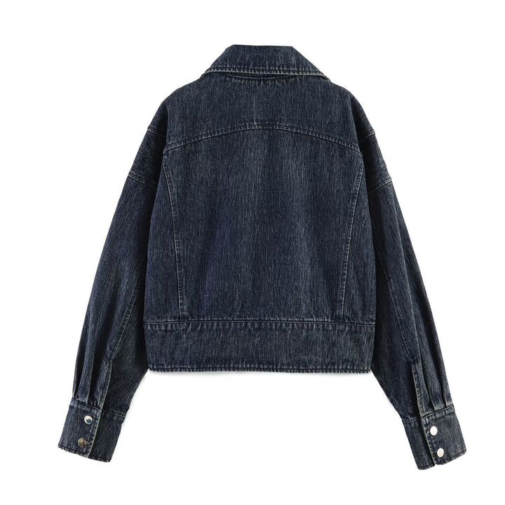 Ladies oversized denim jacket with large shawl collar and used effect Mune Fashion