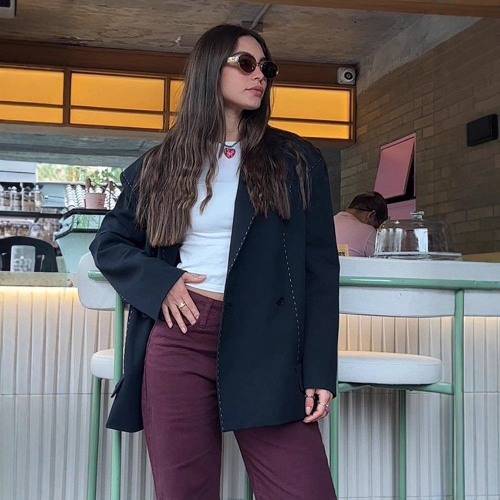 Women Oversized Two-Piece Boxy Blazer and Wide Pleated Trousers with Decorative Stitching Mune Fashion