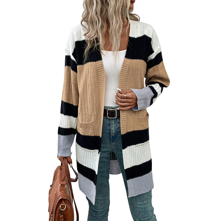 Women's Long Striped Knit Cardigan with Patch Pockets and Open Front Mune Fashion
