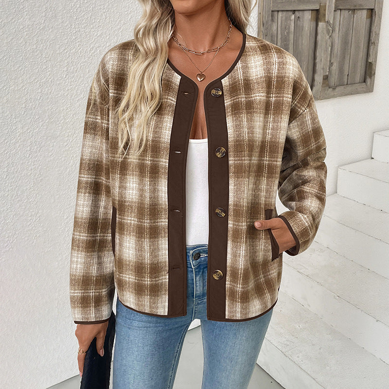 Ladies Checked Transitional Jacket with Round Neck, Contrast Trim and Button Placket Mune Fashion