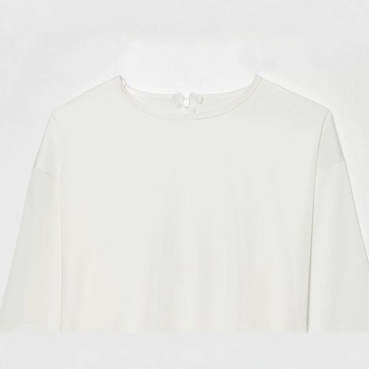 Women Asymmetrical Long Sleeve Blouse with Lace Trim and Round Neckline Mune Fashion