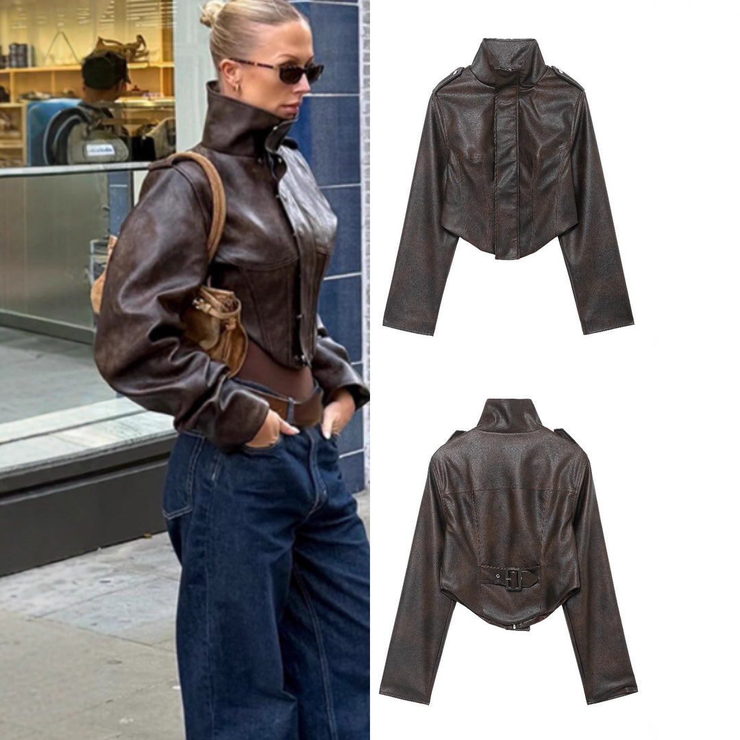 Women's short jacket made of faux leather with a high stand-up collar, shoulder flaps, and tailored silhouette Mune Fashion