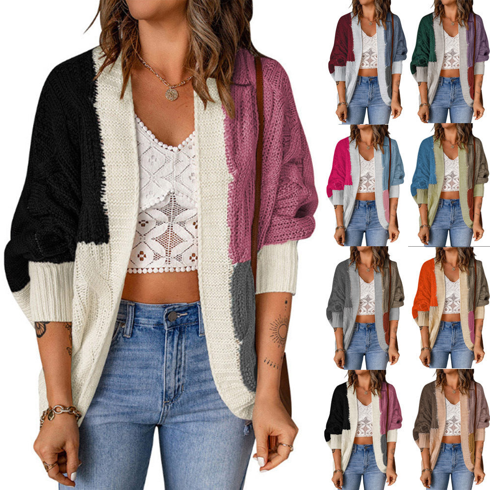 Women's casual cardigan in patchwork style with open front and 3/4 sleeves Mune Fashion