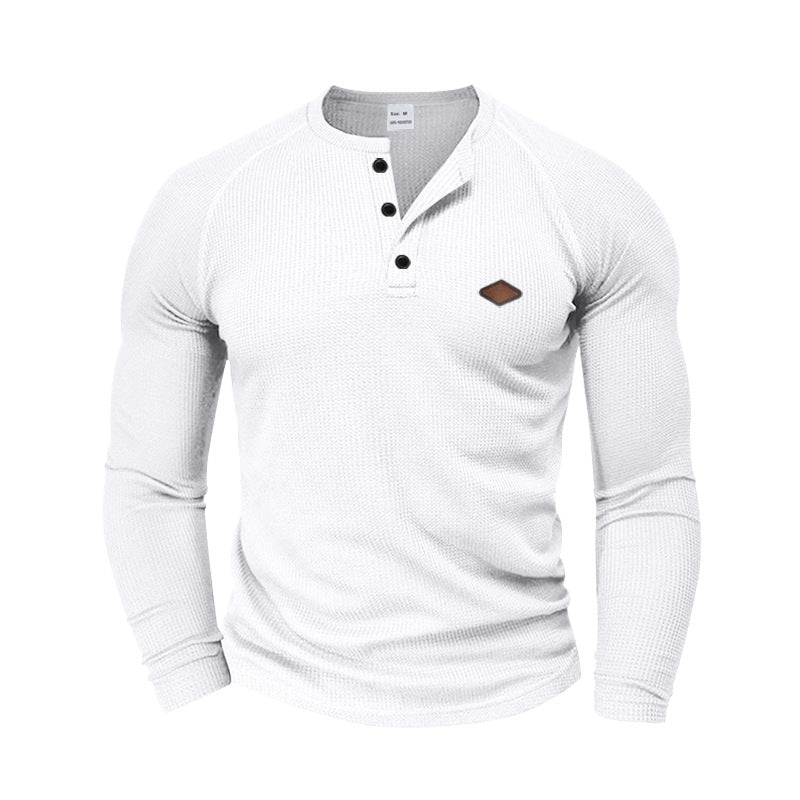 Men's structured waffle Henley shirt with short button placket, raglan sleeves, and leather patch Mune Fashion
