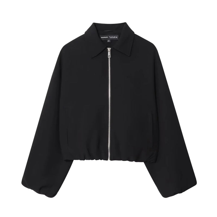 Women's cropped blouson jacket with shirt collar, concealed metal zipper, and elastic hem Mune Fashion
