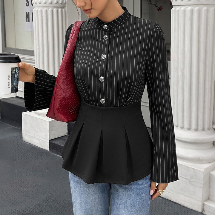 Women Fashionable Blouse with Stand Collar and Pleated Detail Mune Fashion