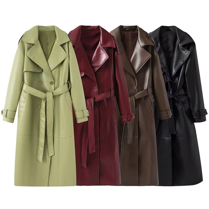 Women 40+ longer trench coat made of synthetic leather with belted waist and double-breasted button placket Mune Fashion