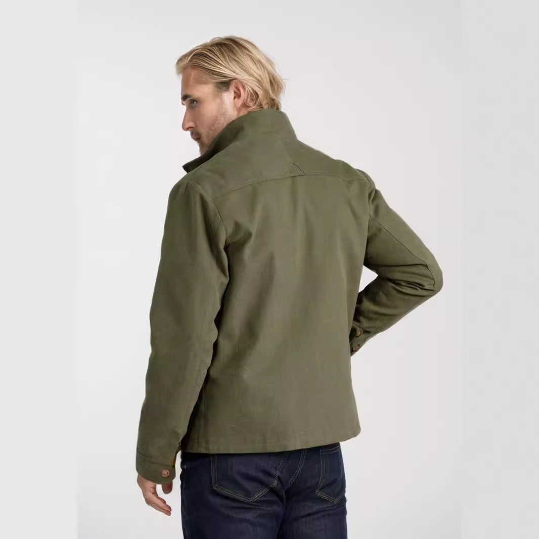 Men's Short Denim Field Jacket with Stand-Up Collar, Zipper, and Applied Chest Pockets Mune Fashion