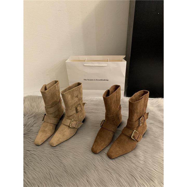 Damen Biker-inspirierte Mid-Boots aus Velourslederoptik mit spitzer Kappe und verstellbaren Gürtelschnallen Mune Fashion