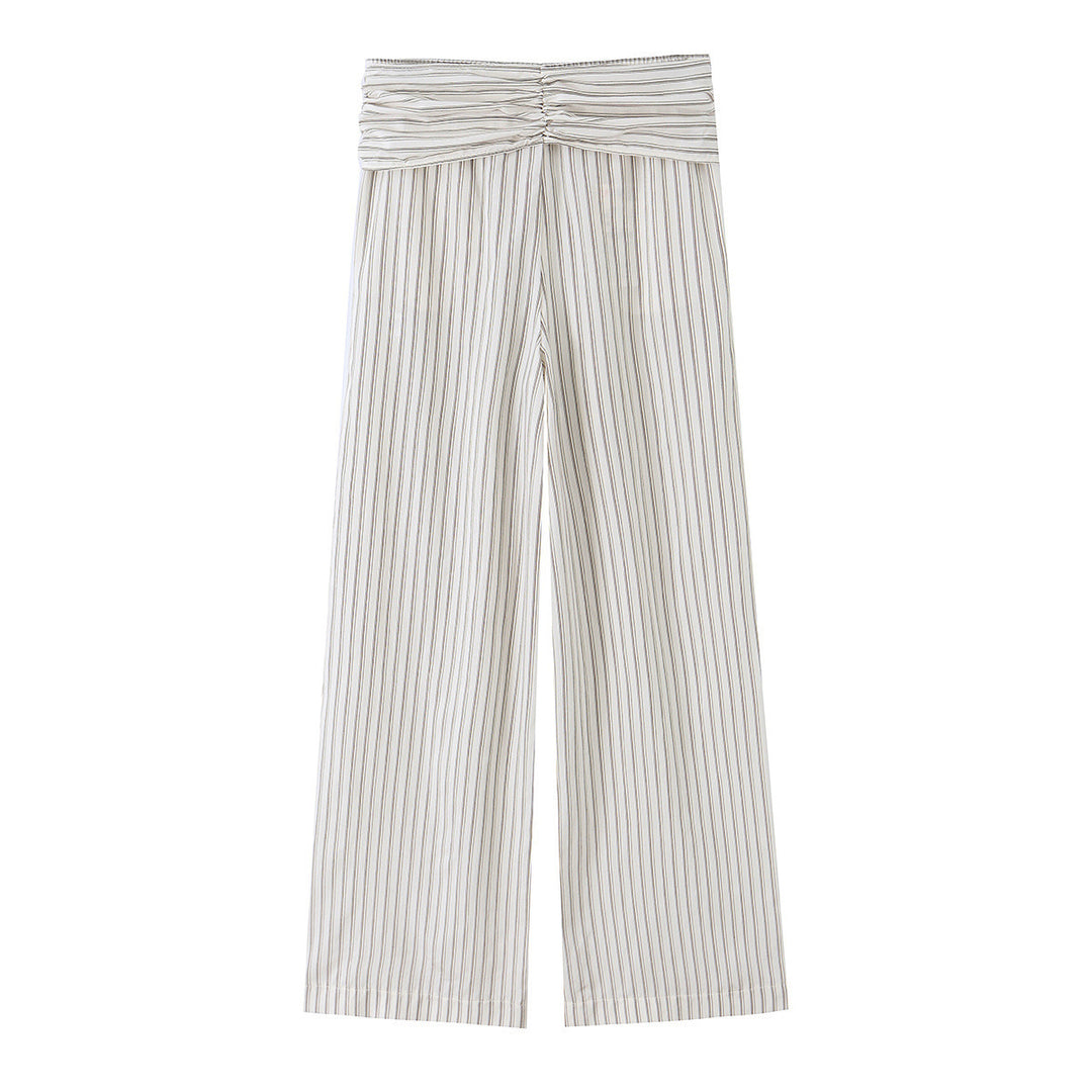 Women Wide Highwaist Trousers with Vertical Stripes and Tied Belt Mune Fashion