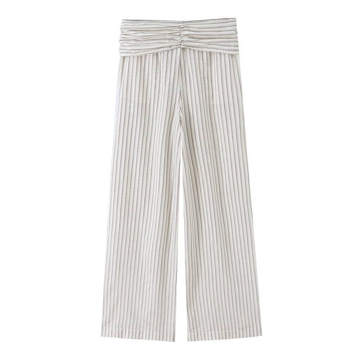 Women Wide Highwaist Trousers with Vertical Stripes and Tied Belt Mune Fashion