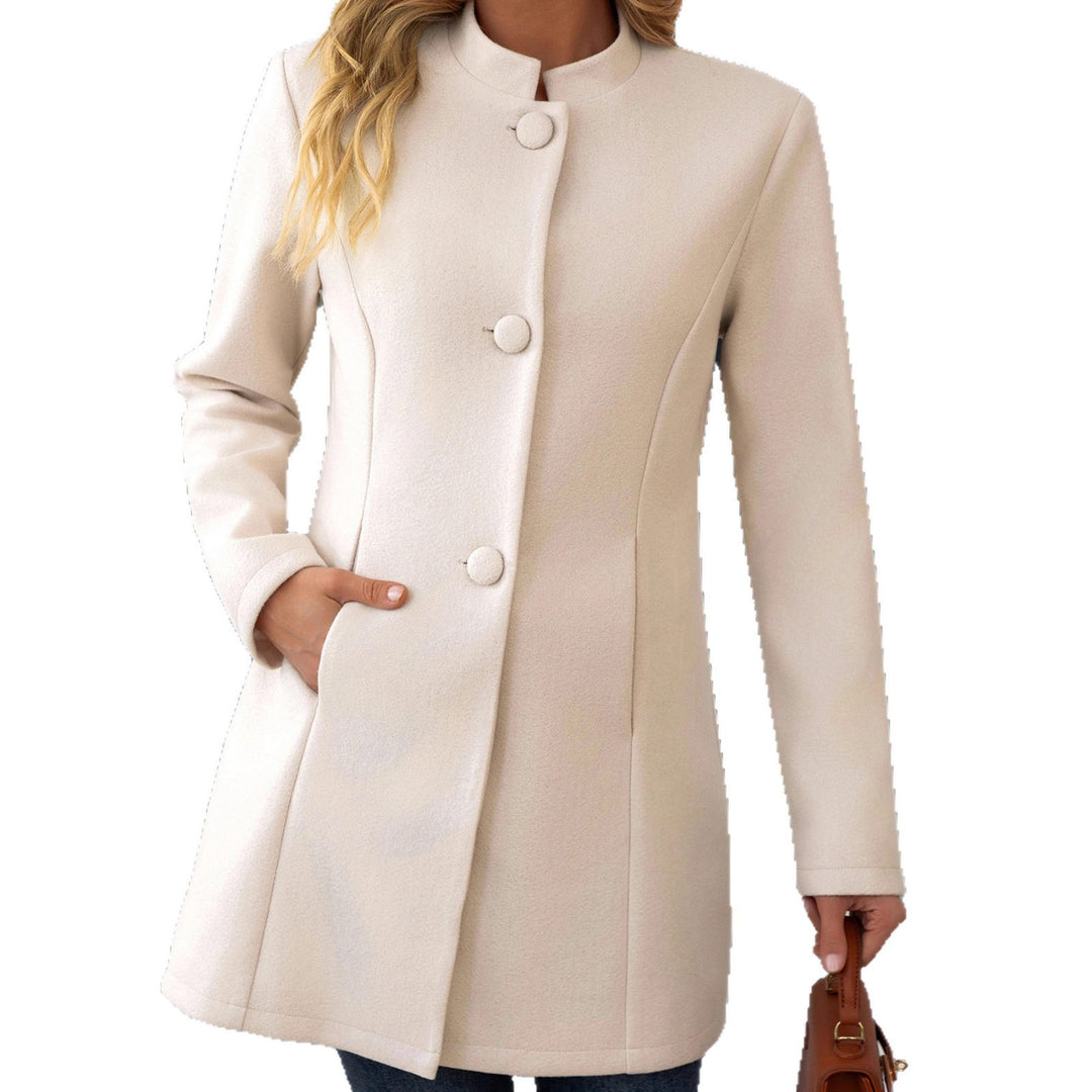 Ladies short coat with stand-up collar, fitted A-line and concealed fabric buttons Drune