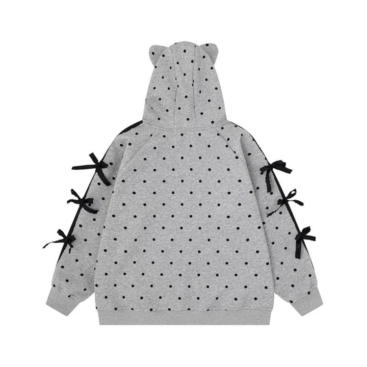 Women's hooded sweatshirt jacket with polka dot all-over, cat patch, bow sleeves and ear hood Mune Fashion