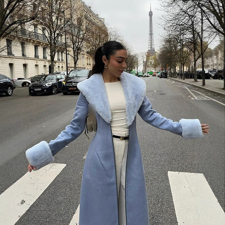 Women Elegant long-cut coat made of velour look with voluminous faux fur shawl collar Mune Fashion
