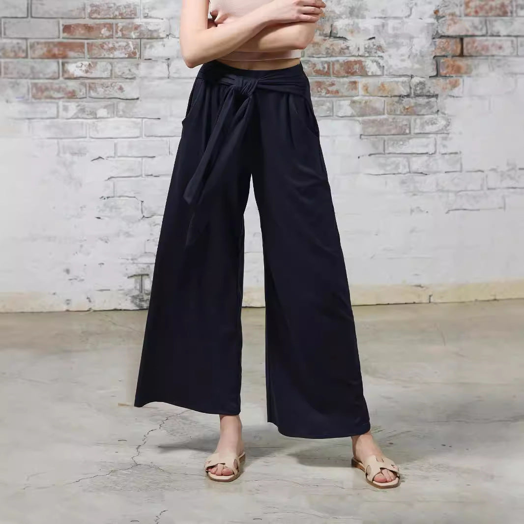 Women Wide Jersey Pants with High Waist and Tie Belt Mune Fashion