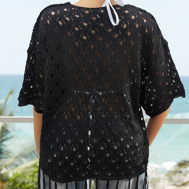 Women's airy crochet beach cover-up with fringes Mune Fashion