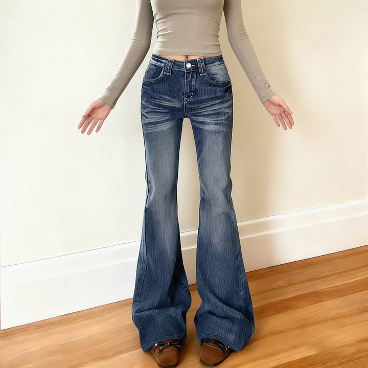 Women's High-Waisted Flared Jeans with Used Wash and Five-Pocket Mune Fashion