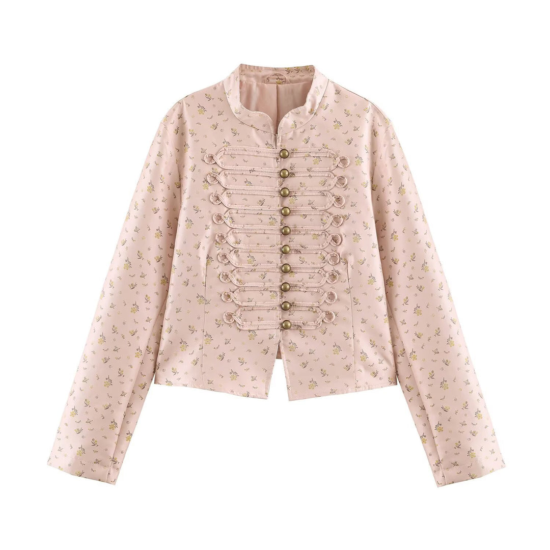 Women Cropped Satin Jacket in Military Style with Decorative Frog Trim Mune Fashion