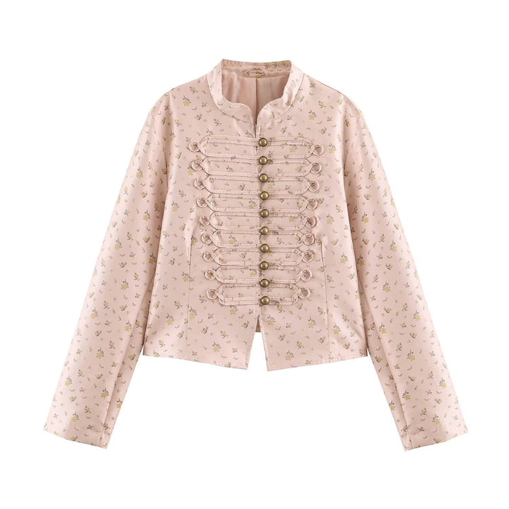 Women Cropped Satin Jacket in Military Style with Decorative Frog Trim Mune Fashion
