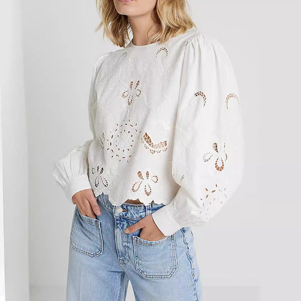 Women's cotton blouse with broderie anglaise and balloon sleeves Mune Fashion