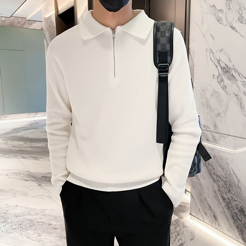 Men's Structured Half-Zip Knit Polo Sweater with Zipper Collar Mune Fashion