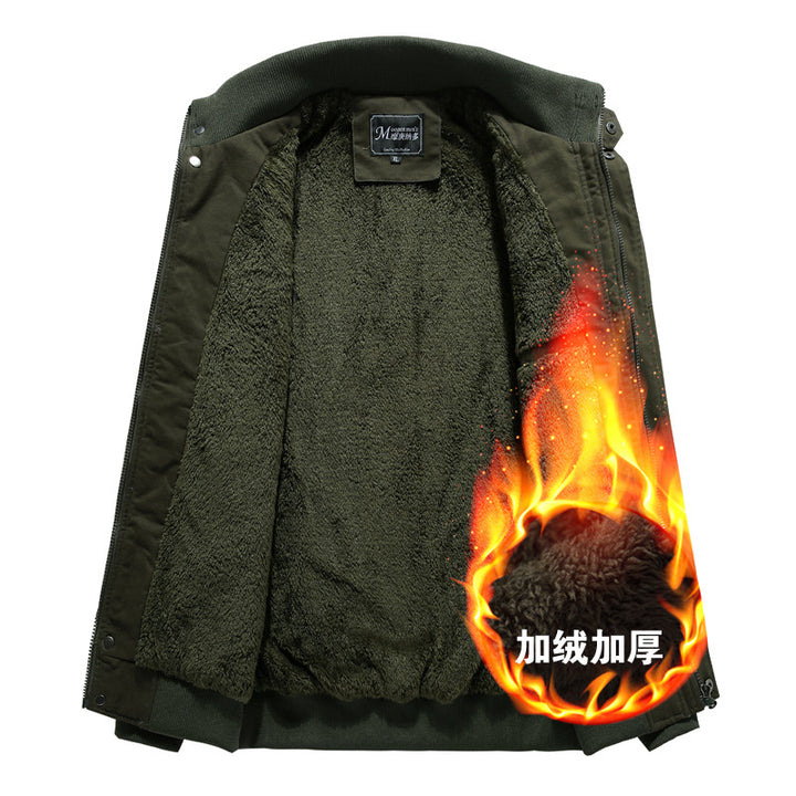 Men's reinforced canvas bomber jacket with epaulettes, flap chest pockets, and elastic waistband.