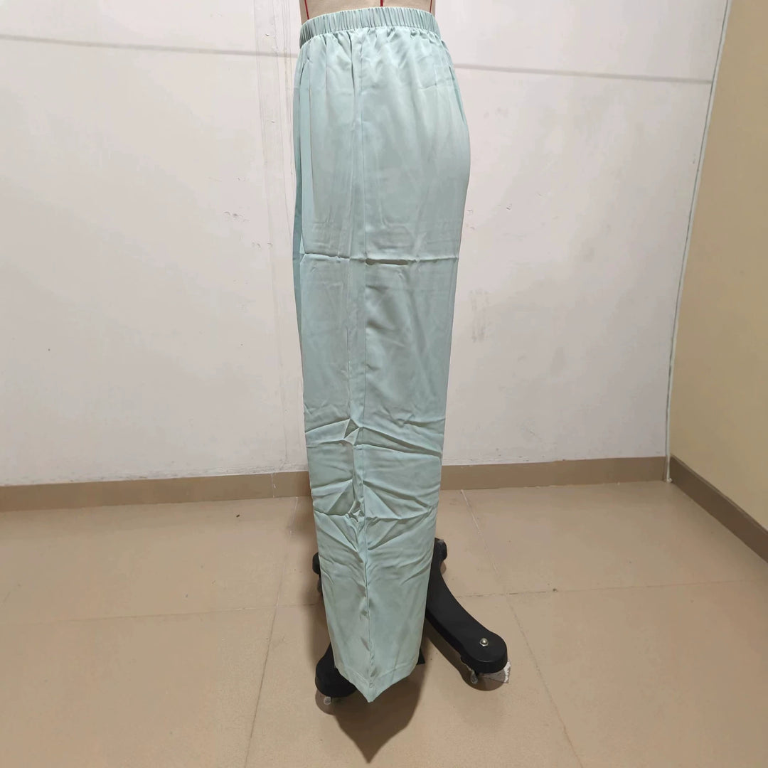 Women Light Satin Palazzo Pants with High Elastic Waistband and Box Pleats Drune