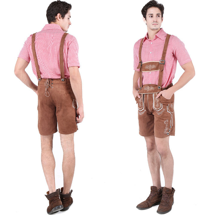 Men's short traditional leather trousers made of suede with embroidered front bib and adjustable straps Mune Fashion