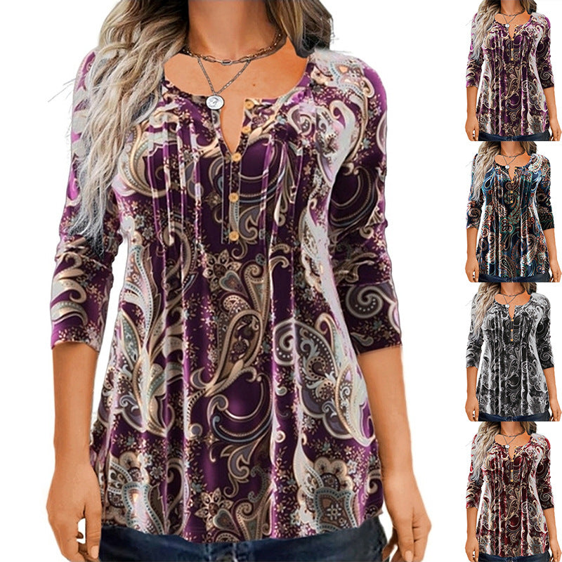 Women Paisley Tunic with 3/4 Sleeves, Pleats and Button Placket Mune Fashion