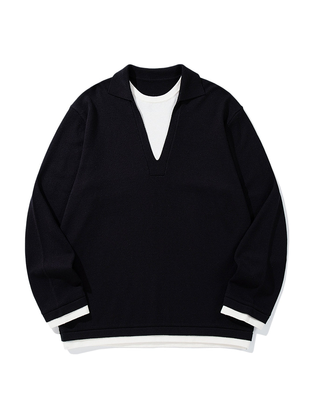 Unisex Casual Oversized Knit Sweater with Deep V Insert and Shirt Layer Look Mune Fashion